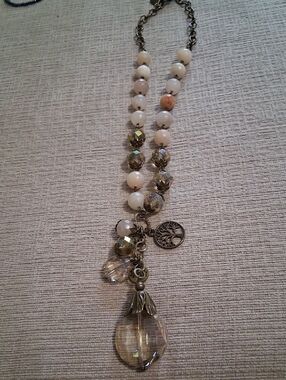 Beaded Pendant Necklace with Tree of Life Charm - Cream and Gold
